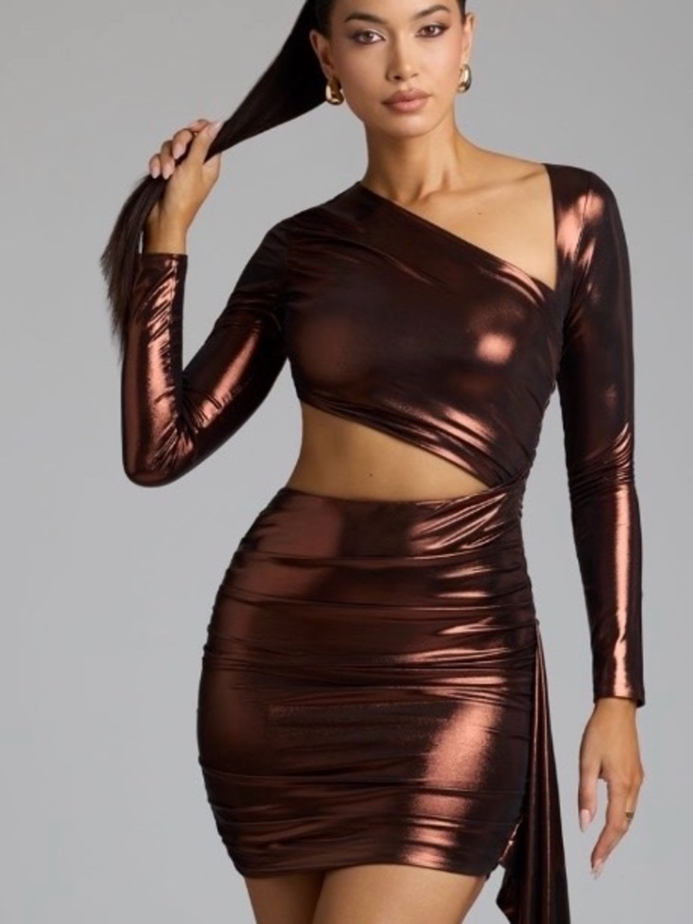 Oh Polly Metallic Copper One-Shoulder Cutout Mini Dress - US Size 4 / UK Size 8
